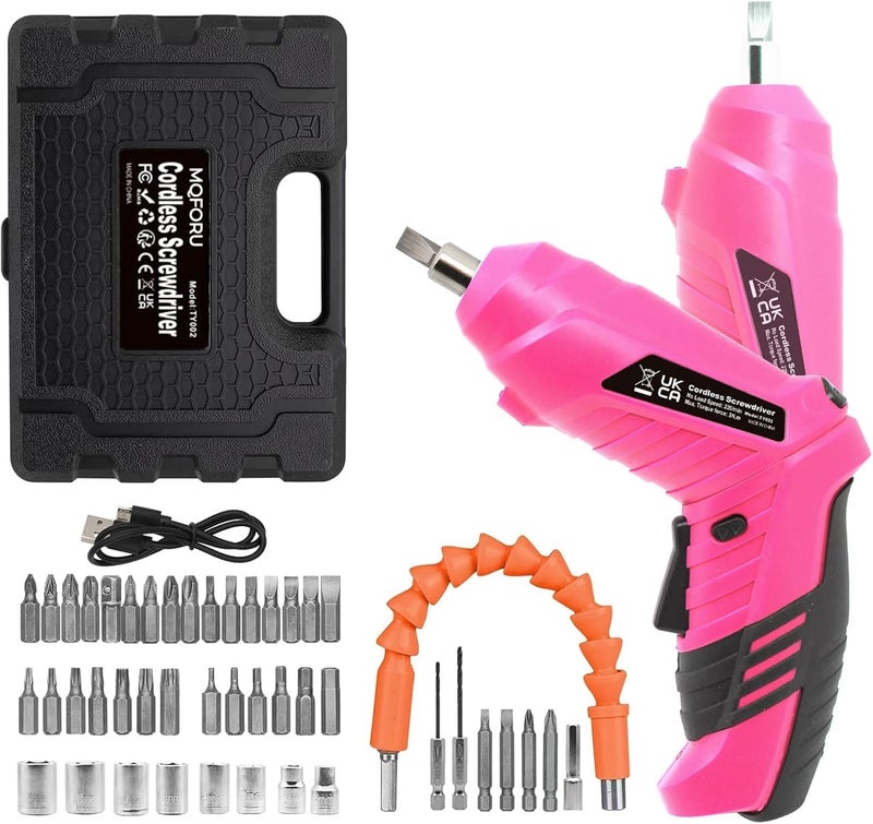 MQFORU Pink Cordless Electric Screwdriver Set, 3.7V Rechargeable Small Electric Drill with 47pcs Driver Bit Set, Power 3Nm Screw Gun with 2 Position Handle, Flexible Shaft LED Light for Women - Image 1
